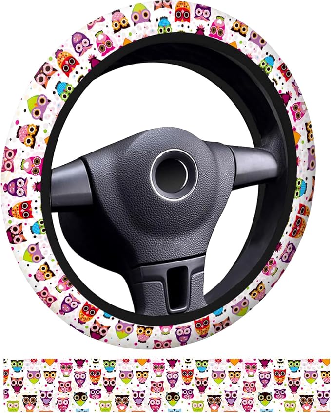 Car Steering Wheel Cover, Universal 15 Inch Neoprene Non-Slip Steering Wheel Covers, Funny Car Accessories for Women Men Fit Auto, Suvs, Truck Cute Colorful Owls
