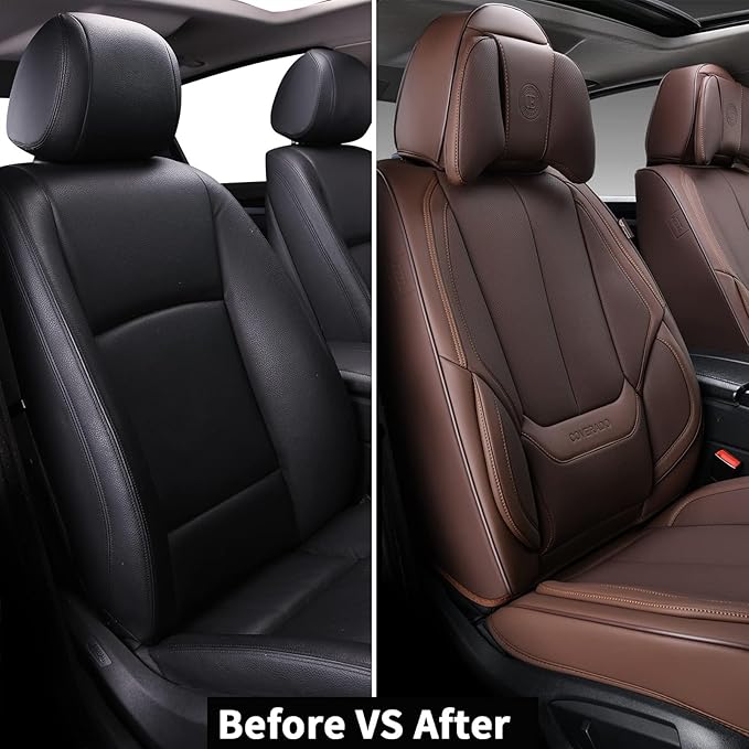Coverado Front and Back Seat Covers, 5 Pieces Waterproof Nappa Leather Auto Seat Protectors Full Set with Head Pillow, Universal Car Accessories Fit for Most Sedans SUV Pick-up Truck, Brown