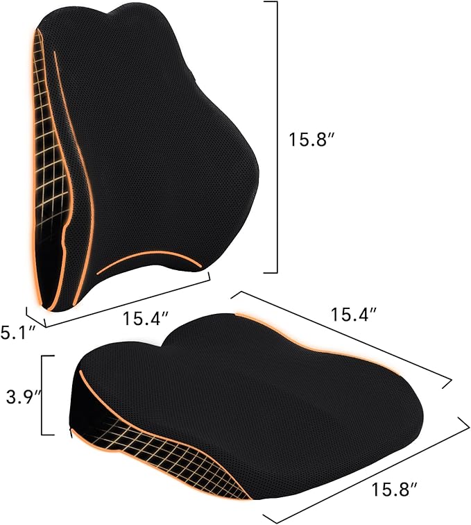 Wheelchair Cushion with Lumbar Pillow (2-Piece Set) for Adults and Seniors.Supportive Memory Foam for Back, Tailbone and Hip Pain Relief, Non-Slip Cover, Removable Straps. (Black)