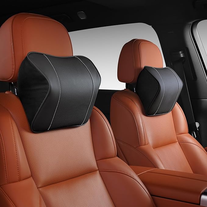 Quintor Genuine Leather Car Neck Pillow,Memory Foam Headrest Cushion, Ergonomic Cervical Support for Tesla Model 3/Y/X, Lexus, BMW- Breathable & All-Season Soft (2 PC)