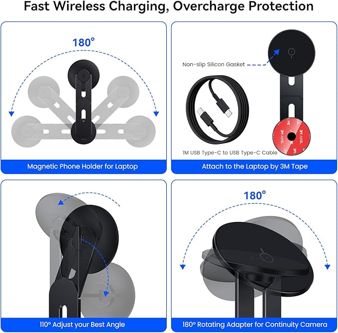 Laptop Phone Holder, Magnetic Phone Stand 15W Fast Wireless Charger for MagSafe for iPhone 17/16/15/14/13/12 & All Phones for Tesla (Black)