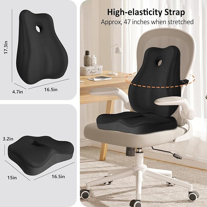 Seat Cushion,Lumbar Support Pillow for Office Chair,Memory Foam Coccyx Seat Cushion,Ergonomic Mesh Back Support Pillow,Office Desk Chair Cushion for Sciatica,Back&Tailbone Pain Relief,Black