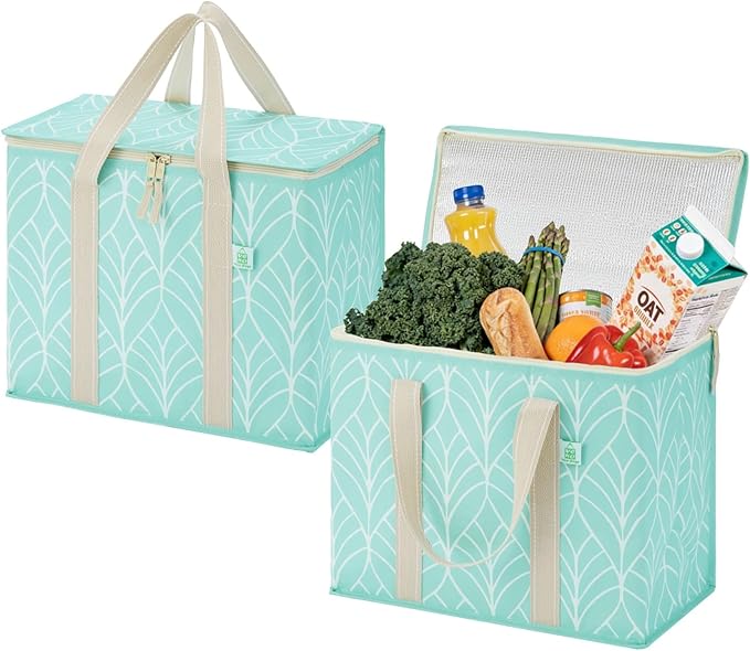 VENO 2 Pack Cooler Bag, Insulated Grocery Bags for Food Delivery, Collapsible Cooler, Reusable Shopping Bags for Groceries, Hard Bottom, Zippered, Foldable (Evergreen, 2 Pack)