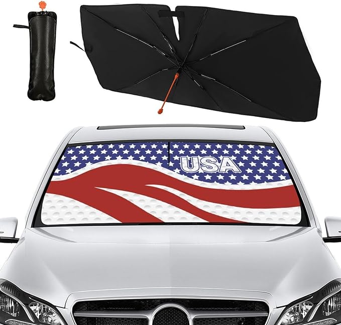 Socira American USA Flag Car Windshield Sunshade Umbrella Foldable Umbrella Sun Shade Windshield Cover Patriot Sunshade Car Accessories Blocks Uv Rays Keeps Cool (57" X 30")