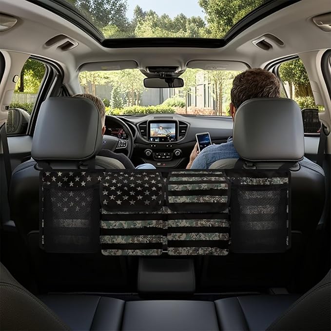 Patriotic Car Backseat Trunk Hanging Organizer for Men Suv Trunk Organizer Green Camo American Flag Cargo Storage Bag,4 Compartments