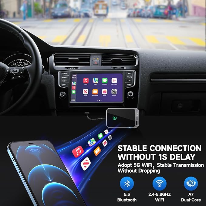 Jemluse Wireless CarPlay Adapter for Apple iPhone - Multi-User Seamless Connection for Convert Wired to Wireless Car Play Adapter - No Latency from iOS 10+ to Screen w/USB C (Silver)