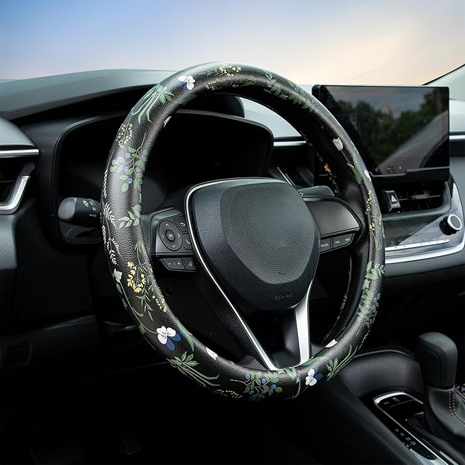 Boho Floral Steering Wheel Cover Auto Leather Steering Wheel Protector, Anti-Slip, Breathable, Absorbing Sweat, Universal Floral Car Accessories 14.5–15 inch,Fit for Most Car, Trucks, SUV