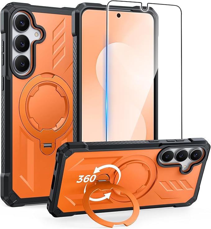 FNTCASE for Samsung Galaxy S25-FE Case: with [Magnetic Ring Kickstand] [Screen Protector] [Compatible with MagSafe] [Military-Grade Drop Protection] Heavy Duty Full Body Protective Phone Cover Orange