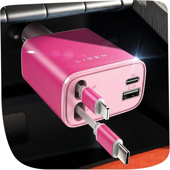 LISEN Retractable Car Charger, 84W Fast Charging Car Phone Charger, Car Charger USB C Truck Accessories, Road Trip Essentials Pink Car Acessories for Men Women for iPhone 17 16 15 14 13 12 Samsung S26