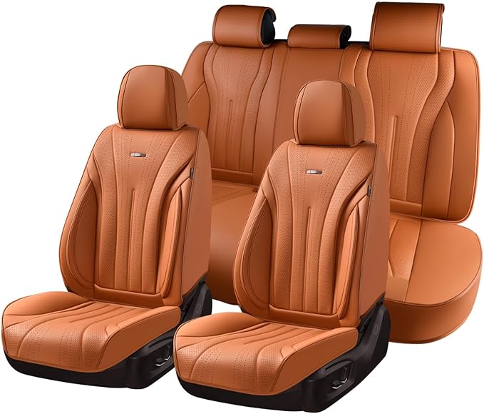 Coverado Brown Seat Covers Full Set, Luxury Leather Seat Covers for Cars, Automotive Seat Covers, Waterproof Car Seat Protector, Front and Back Car Seat Cushions Universal Fit for Most Cars
