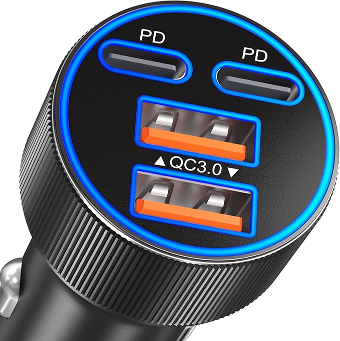 USB C Car Charger, Upgraded 90W 4-Port Dual 12V USB-C & USB-A Car Phone Charger Multiport QC 3.0/PD45W Super Fast Charging Cigarette Lighter Adapter for iPhone 17 16 15 14 Pro Max Galaxy Android