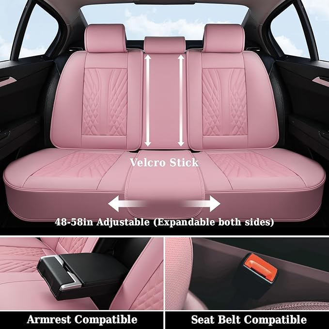 Coverado Car Seat Covers Full Set, 5 Seats Front Seat Cover and Back Seat Covers for Cars, Automotive Seat Covers Nappa Leather Waterproof Seat Covers, Car Seat Protectors Universal for Cars Pink