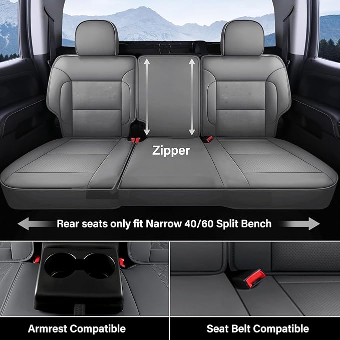 Coverado Silverado Seat Covers Full Set, Faux Leather Car Seat Covers Fit for Chevy Silverado GMC Sierra 2007-2013 & 2019-2026 1500, 2020-2026 2500HD 3500HD Crew Double Extended Cab(Gray)