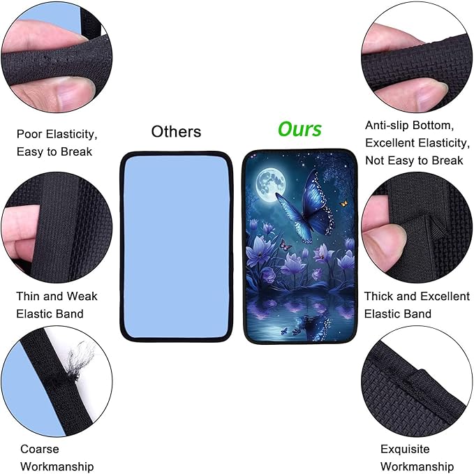 Car Armrest Cover Pads Universal Fashion Cute Auto Center Console Armrest Cover Pad with 2PCS Car Coasters Soft Waterproof Car Armrest Seat Protector for Women Girls, Blue Butterfly