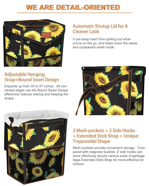 Pritent Car Trash Can with Lid, Cute Leakproof Car Trash Garbage Bag Hanging Vehicle Trash Bin Small Portable Automotive Garbage Cans Organizer for Back/Front Seat/Console(Trapezoid,Sunflower)