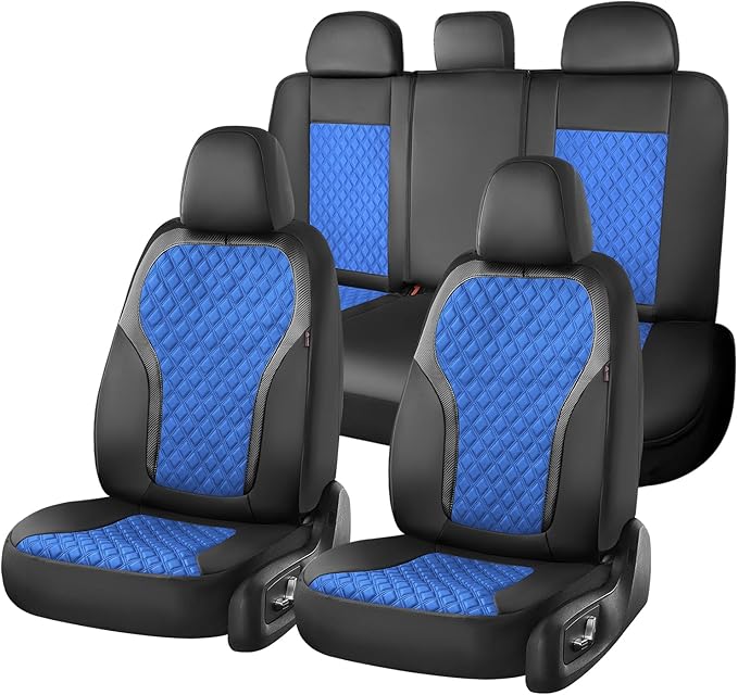 Coverado Seat Covers Full Set, Luxury Diamond Leather Car Seat Cover with Carbon Fiber Textured Design, Waterproof Car Seat Protector, Black&Blue Front and Rear Seat Covers Universal Fit Most Cars