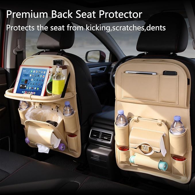 Car Seat Organizer, Multifunctional Backseat Protector Mat, Storage Bag and Tray Rack, Trash Storage (Suitable for Cars, Children, Back of Seats, and Rear Seats) (WHITE, Leather 1-Piece Set)
