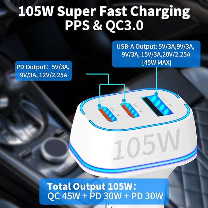 105W USB Car Charger 3-Port for Family Travel, PD 45W & QC3.0 30W Super Fast Charging for Multiple Devices, Cigarette Lighter with MFi Certified Carplay Cable Fast Charger for iPhone iPad