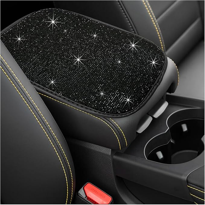 Bling Car Armrest Cover, 11.8"×8.5" Crystal Rhinestone Auto Center Console Protective Cover, Bling Charming Arm Rest Cushion Pad for Most Cars SUVs Trucks, Car Accessories (Black)