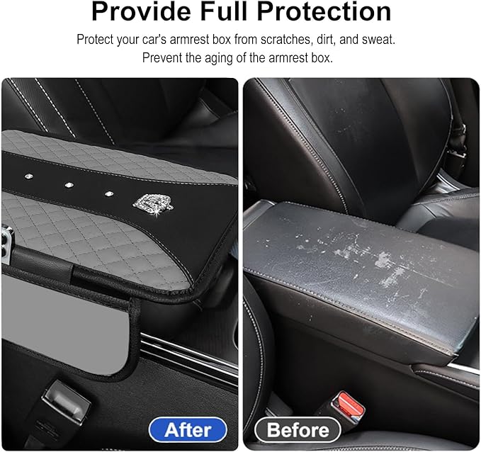 NBTEPEM Bling Crown Car Center Console Armrest Cover, Leather Middle Console Cover Cushion with 2 Storage Bags, Car Armrest Storage Box Interior Accessories for Most Vehicles(Gray)