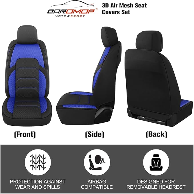 CAROMOP 3D Air Mesh Car Seat Covers Full Set,Breathable and Durable Seat Covers for Cars,Split Bench Compatible,Universal Fit for SUV,Vans,sedans, Trucks, Automotive Interior Covers(5-Seat Black/Blue)