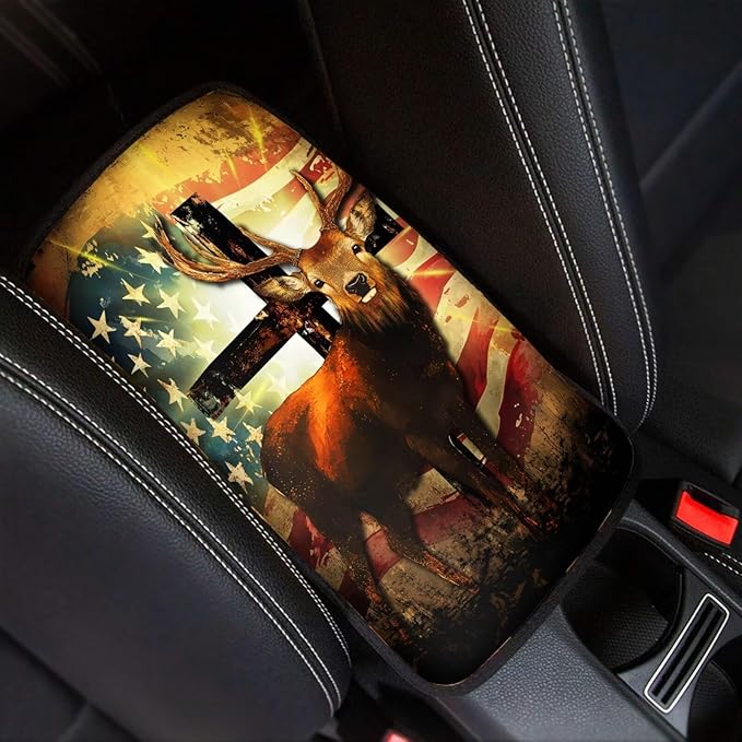 Suobstales Deer Cross American Flag Print Car Armrest Pad Soft Center Console Arm Rest Protector Cover Universal Car Interior Accessories Decoration