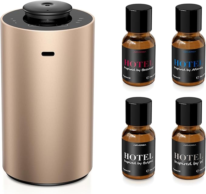 Airversa Waterless Essential Oil Diffuser Starter Kit with 4x10mL Hotel Fragrance Oils for Car Home Office, Premium Aluminum Housing, Aroma Nebulizer Baterry Operated, ANX Kit-D Desert Titanium