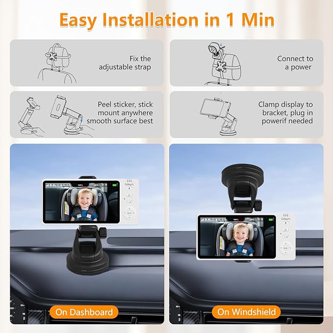 Wireless Baby Car Camera 5" HD 1080P IPS Anti-Glare Screen USB Powered, Temperature Alert, Night Vision & VOX Mode, 360° Rotatable Rear Facing Carseat Monitor Newborns Travel Essentials Gifts