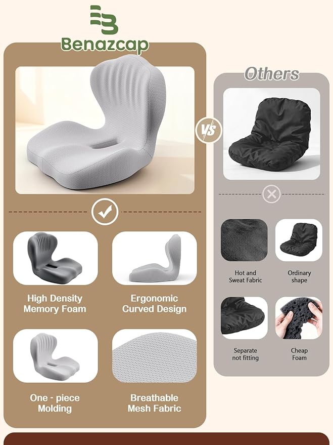 Benazcap Memory Foam Seat Cushion with Lumbar Support Pillow for Office Chair, Car & Gaming Seat, Wheelchair, Ergonomic Design for Sciatica & Tailbone Pressure Relief, Gray