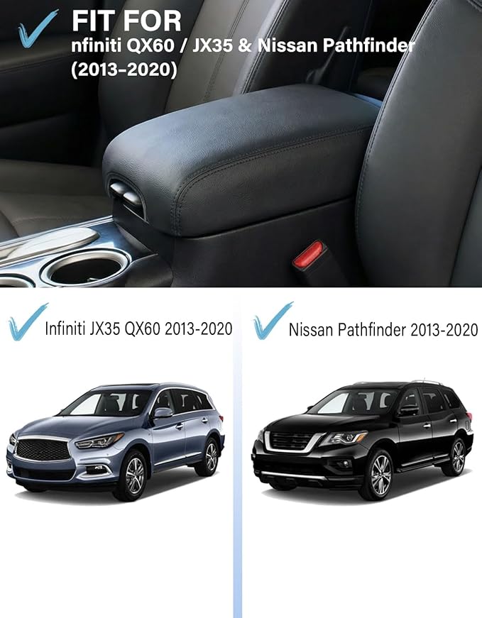 Center Console Armrest Cover for 2013-2020 Infiniti QX60 JX35/Nissan Pathfinder, PU Leather Middle Console Lid Protector Arm Rest Cushion Anti-Scratch Thick Pad