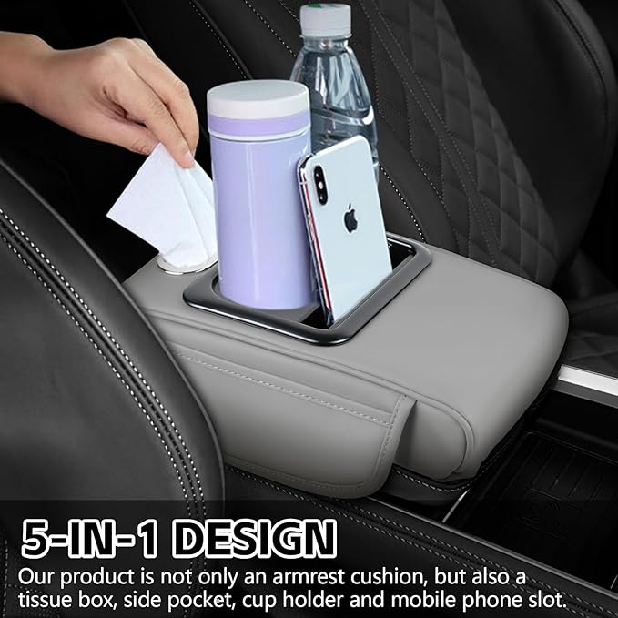 wuyaoyao Car Center Console Cover, 13.39"×8.27"×3.15" Leather Car Armrest Cover with Pocket & Tissue Box & Cup Holder, Multifunctional Auto Armrest Cushion Pad, Universal Car Accessories (Gray)