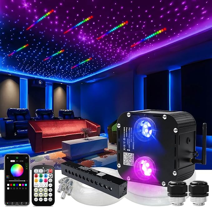 AZIMOM Updated Dual Color 50W Twinkle Fiber Optic Starlight Kits 2000pcs*0.03in*16.4ft, RGB Meteor Shooting Star, Sound Activated APP/Remote Control Theater Ceiling Home Shop Car Lobby Roof Decor