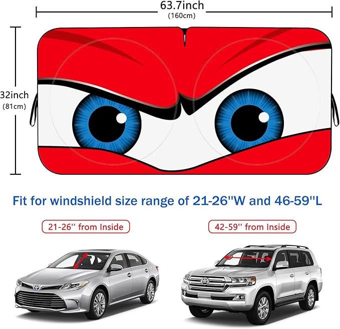Car Windshield Sun Shade, Funny Car Eyes Sun Visor Wear-Resistant Black Tape, Foldable 63.7" L x 32" W