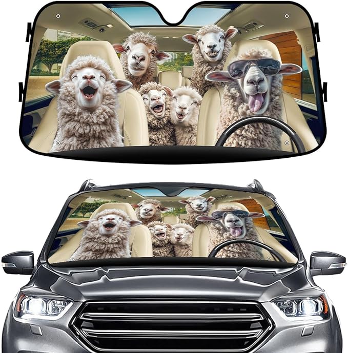 GENANY Sheep Family Windshield Sun Shade for Car SUV Truck (55x30 Inches), Sun Shade Windshield, Shades for Front Windows, Protector Blocks UV, Auto Gift, Spring Car Decor