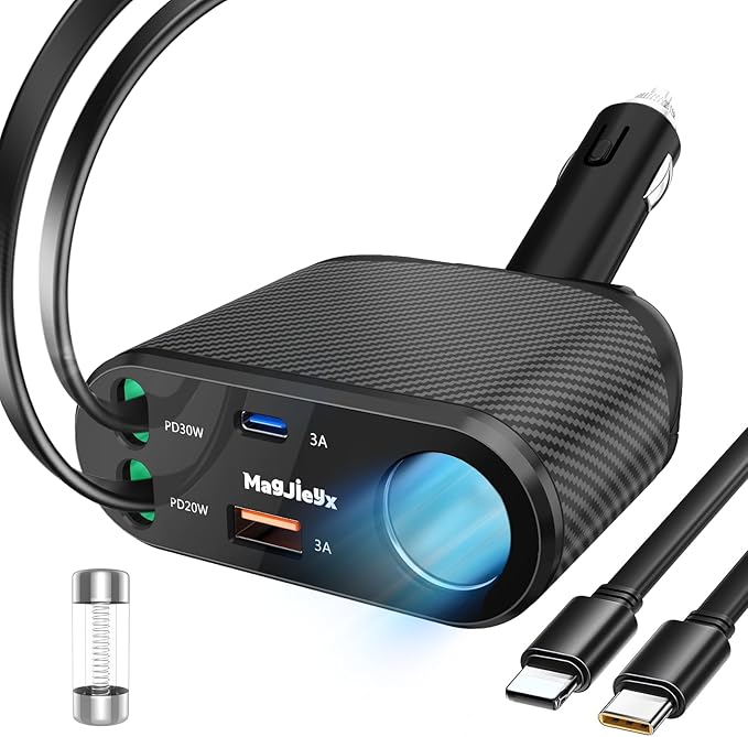 Car Cigarette Lighter Splitter Charger, Fast Car Phone Charger with 1-Socket(100W) Charging Adapter and USB C Coiled Cable for iPhone 17 16 15, Galaxy S25 Ultra/iPad/GPS/Dash Cam/Laptop