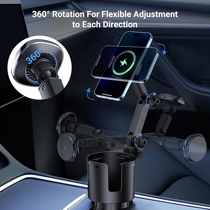 This Hill for Magnetic Cup Holder Charger, 360° Rotating Wireless Magnetic Car Charger, Fast Charging Phone Holder for iPhone 17 16 15 14 13 12 and Samsung Galaxy S20 Above Series [With QC 3.0 Adapter