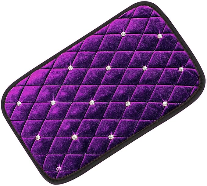 Bling Car Center Console Cover, Soft Fluffy Armrest Seat Box Cushion Pad, Crystal Diamond Arm Rest Protection Mat, Automotive Interior Decoration Accessories for Most Vehicles (Purple)