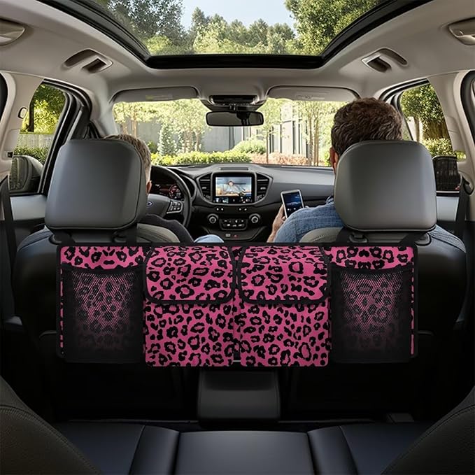 Trendy Car Trunk Organizer Pink Leopard Print Sturdy Back Seat Car Organizer for Women Girls Trunk Storage Bag with Extra Storage Space for SUVs,Trucks,Vans