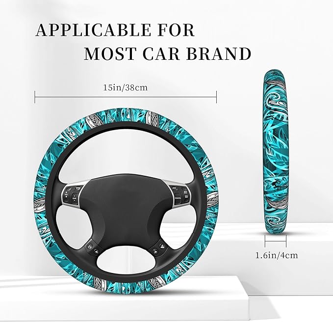 Hawaiian Teal Ocean Tribal Car Steering Wheel Cover for Women Men Stretch Cloth Anti-Slip Wrap Protector Case Fit Universal Auto Accessories Decor Sweat Absorption 14-15 Inch
