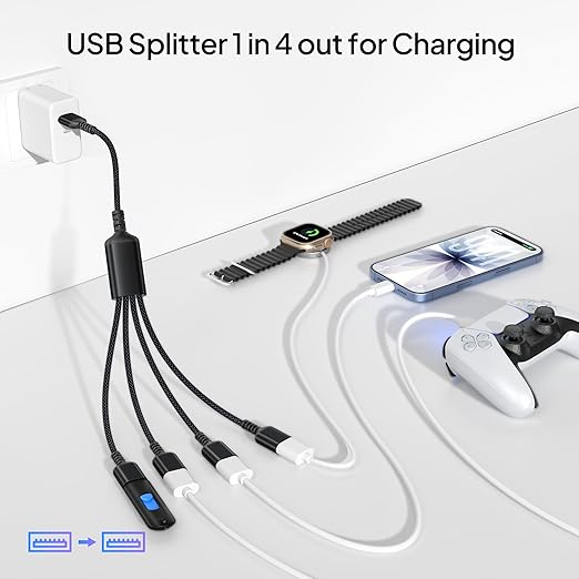 Elebase USB Splitter 1 in 4 Out 3.3FT,USBA Charger Sp-Litter,Multi Port USB Y Cable,USBA Extension Splitter Cord,Multiport Data Charging Split Adapter for PC,TV,MacBook,Laptop,2/3 Out