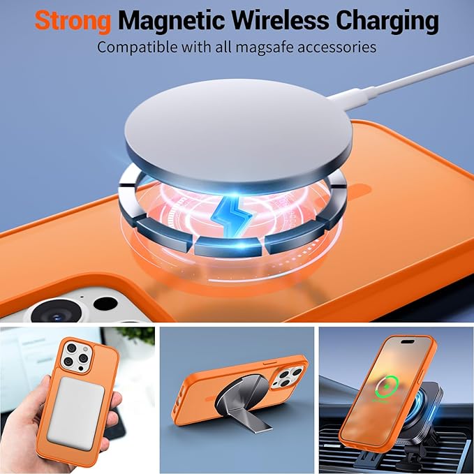 SUPFINE Magnetic for iPhone 15 Pro Case with Screen Protector (Compatible with MagSafe) (Military Grade Drop Protection) Translucent Matte Shockproof Phone Cover,Starry Orange