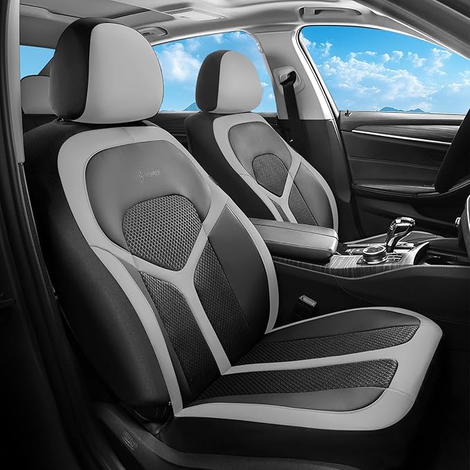 FLORICH Car Seat Covers Full Set, Universal Seat Cover 5 Seats, Automotive Seat Covers with Mesh Leather, Waterproof Car Seat Protector, Breathable Car Seat Cushion for Most Car SUV Truck, Gray