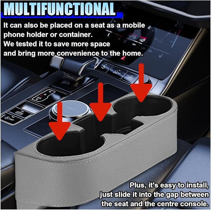 ZIMISI Car Cup Holder, PU Leather Auto Front Console Gap Filler Organizer, Multifunctional Cup Drink Holder, Car Seat Gap Filler Storage Box, Coin Bucket, Cell Mobile Phone Holder (Grey)