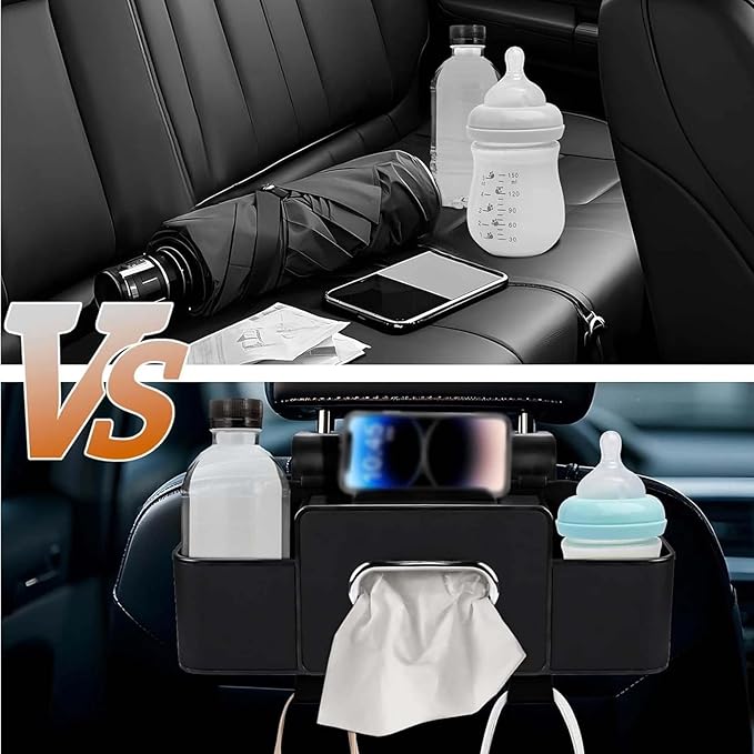 3-in-1 Car Backseat Organizer, 2026 Upgraded Multifunctional Car Seat Back Storage Box, Backseat Car Organizer with 2 Cup Holders, Tissue Box & Hooks, Universal Car Essentials (Brown)