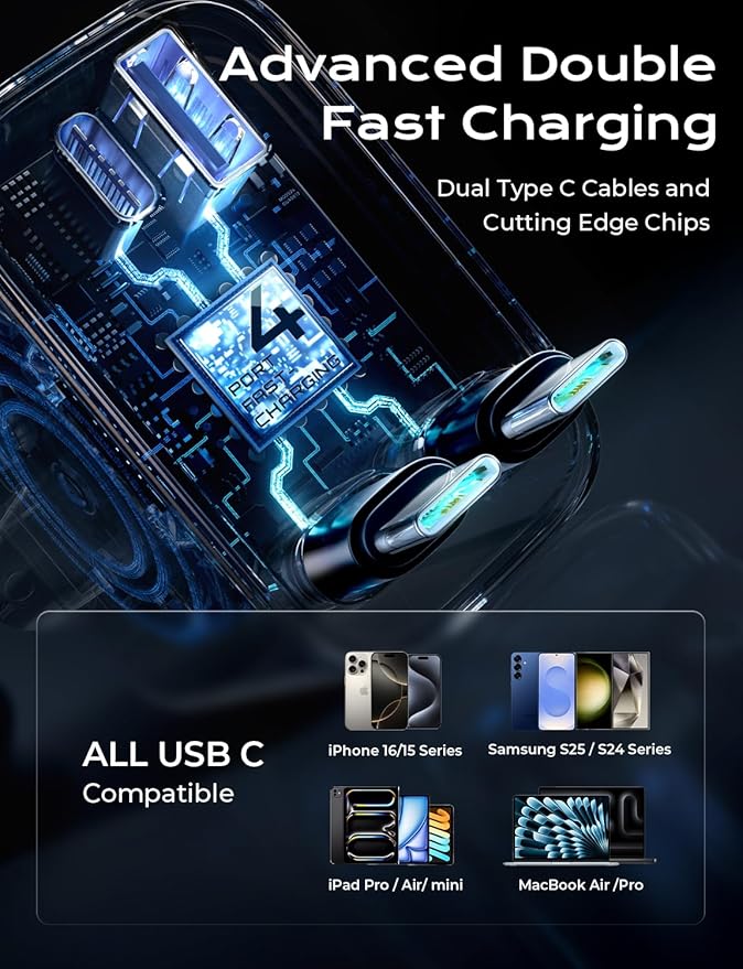 LISEN Retractable Car Charger USB C [Upgraded Dual Type C] 75W Fast 4 in 1 Car Charger for iPhone 17, RV Power Adapters for Men Women Mother, Car Accessories for Galaxy S26 Phone 17 Pro Max 16 15