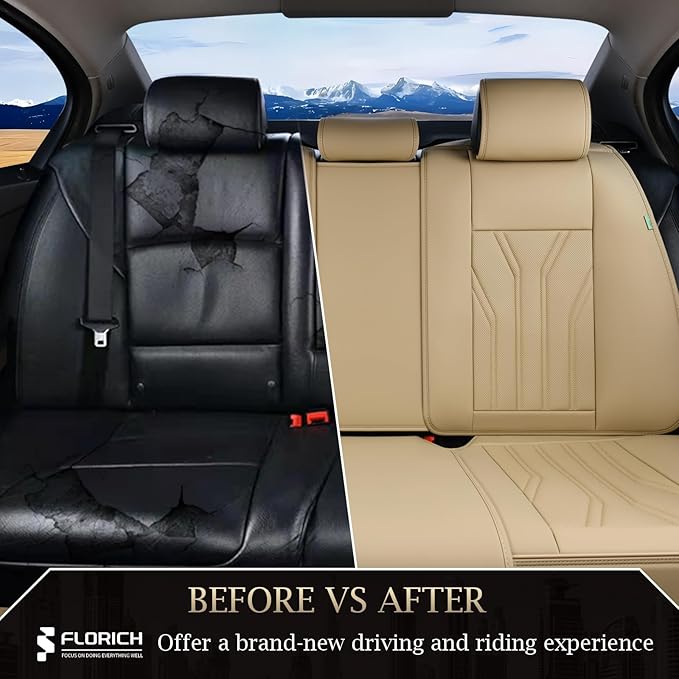 FLORICH Rear Seat Covers Leather Car Seat Covers Waterproof Back Seat Cover Automotive Seat Covers Universal Seat Cushion Protector for Most Cars Trucks SUV-Beige