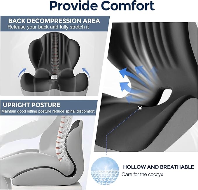 Seat Cushion for Office Chair Car, L-Shaped Ergonomic Seat Cushions,Memory Foam Orthopedic Cushion with Coccyx Hollow,Lumbar Support & Tailbone Pain Relief for Car, Truck, Home,Dark Gray & Light Gray