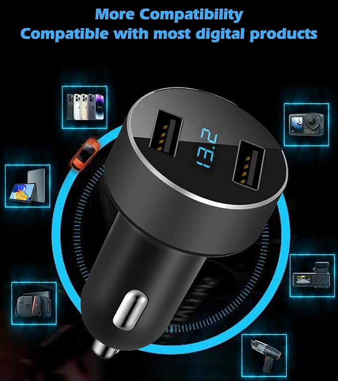 LIHAN 2 USB Car Charger,12V/24V Voltage Meter, Output 4.8A, Cigarette Lighter Plug Adapter Compatible with iPhone,iPad, Samsung, USB Charging Devices, Black