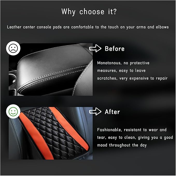 Car Center Console Cushion Pad, Universal Leather Waterproof Armrest Seat Box Cover, Comfortable Auto Armrest Cover Protector, Car Interior Decor Accessories for Most Vehicles (Black & Orange)