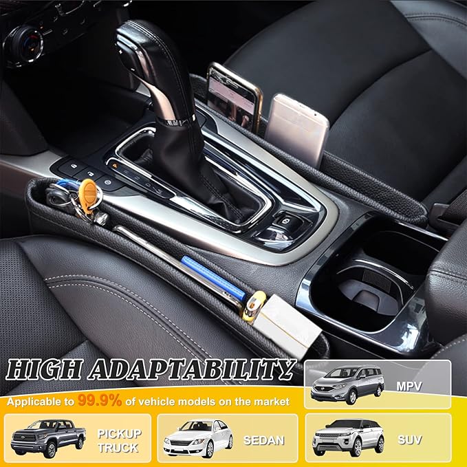 2 Pack Update Car Seat Gap Filler Organizer Leather Console Storage Box Front Side Pocket Seats Organizers Filler Interior Car Accessories for Phone Wallet Coin Key Sunglasses (Black)